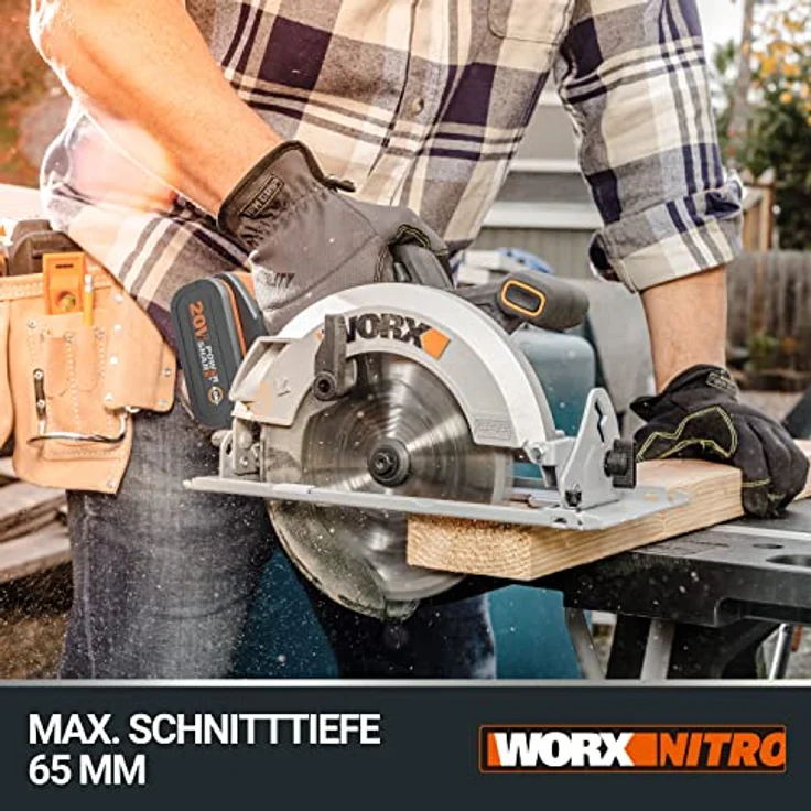 WORX NITRO WX520.9 Akku-Kreissäge – 190mm Schneideblatt – leistungsstarke bürstenloser Motor – 6100 U/min – max. Schnitttiefe 65mm (90°) – 0-57° Schrägschnitt – ohne Akku & Ladegerät – Bild 2