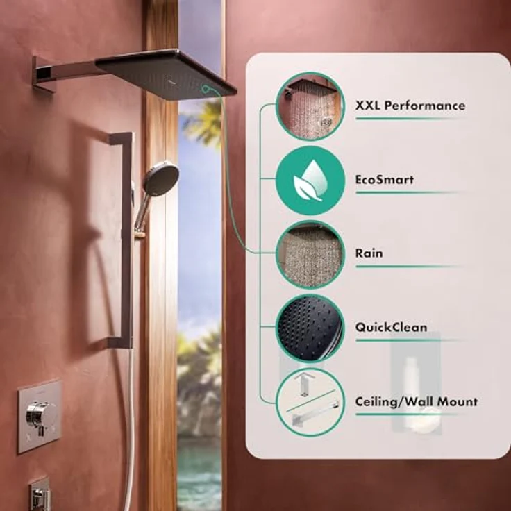 hansgrohe Raindance Alive Q, wassersparende Kopfbrause (EcoSmart) mit 340x210mm Duschkopf, Regendusche mit Antikalk-Funktion, Wand-/Deckenmontage, Mattweiß, 24531700 – Bild 2
