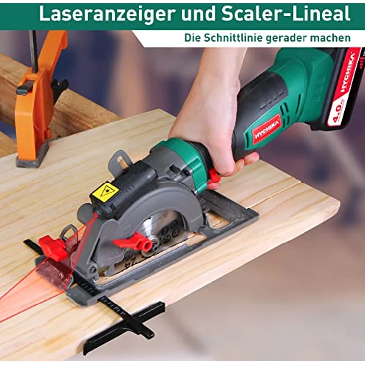 Handkreissäge 18V, HYCHIKA Kreissäge mit 4,0Ah Akku 3500U mit 3 Sägeblättern (115 & 125mm), Laserführung & führungsschiene, Max Schnitttiefe 48mm(90°)/32mm(45°), Mini Kreissäge für Holz, Weichmetall – Bild 3