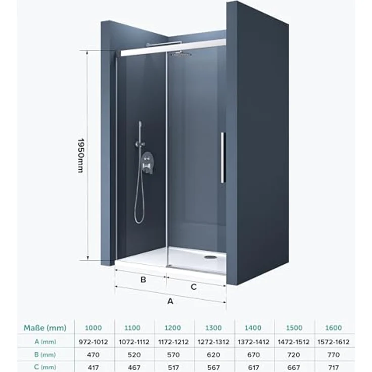 doporro Dusch-Schiebetür Nischentür Chrom ESG-Sicherheitsglas Soft-Close Nano-Beschichtung T12, 100x195 cm, Klarglas – Bild 8