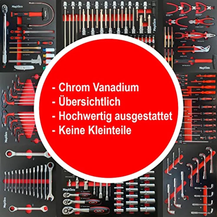 Werkzeugwagen Werkstattwagen mit 8 Schubladen davon 8 mit Werkzeug wie Schraubenschlüssel, Ratsche mit Nusskasten, Schraubendreher usw. in Soft Inlays in Carbonoptik befüllte Schubladen von Mephisto – Bild 6
