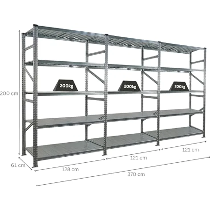 Proregal PROXIMO Metallregal Fachbodenregal, 200 x 360 x 60 cm, 5 Böden, Traglast 200 kg pro Boden, verzinkter Stahl, schraubenloses Stecksystem – Bild 2