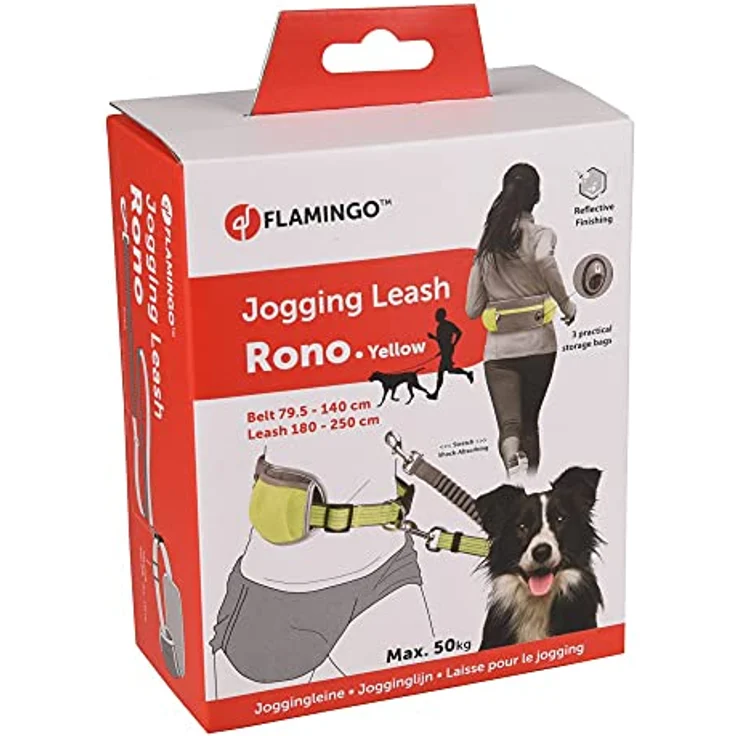Flamingo JOGGINGLEINE + TAILLENGURT RONO, Gelb, Leine 155-250CM, Gurt 79,5-140CM, Nylon mit atmungsaktivem Mesh-Material – Bild 1
