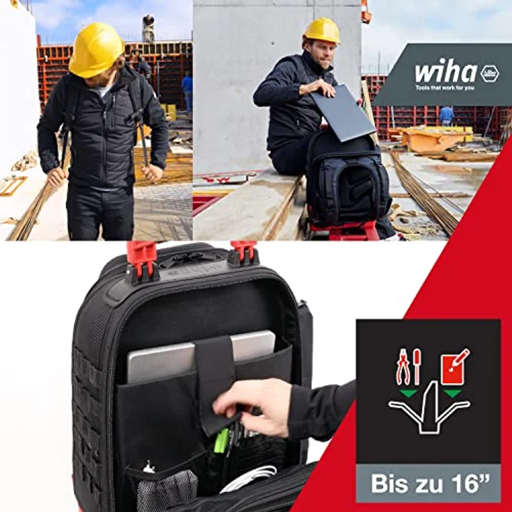 Wiha Elektriker Werkzeugrucksack 27-tlg. I mit Elektriker Grundausstattung I stabiler Standboden I mit Laptopfach I Taschen für Zubehör (45528) – Bild 4