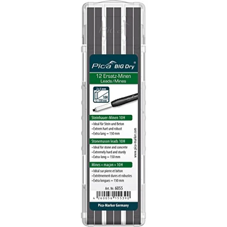 Pica 6055 Big Dry BAU Ersatz – Minen | für trockenes, raues Mauerwerk | Rechteckminen, 150 mm lang, Härtegrad : 10H, Querschnitt: 2x5 mm, Schwarz