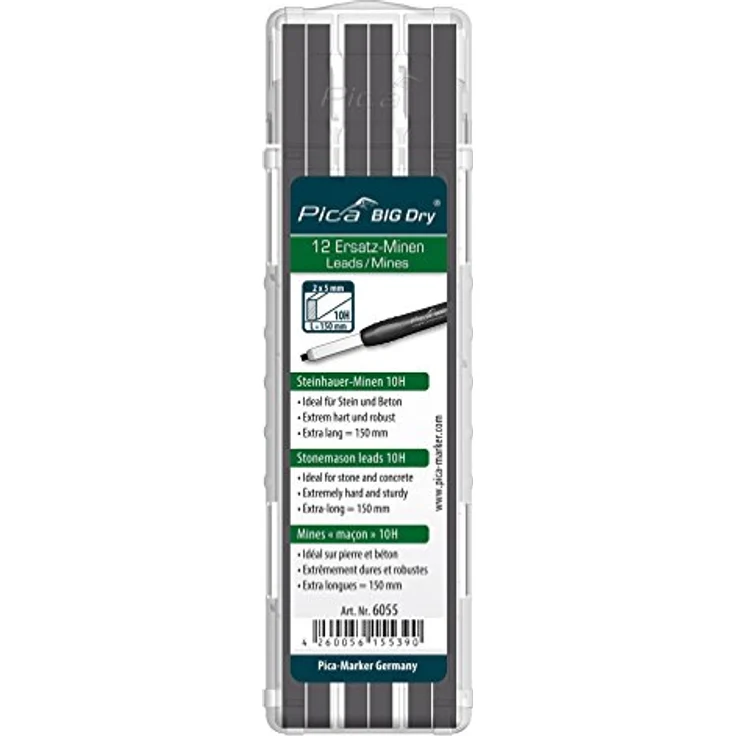 Pica 6055 Big Dry BAU Ersatz – Minen | für trockenes, raues Mauerwerk | Rechteckminen, 150 mm lang, Härtegrad : 10H, Querschnitt: 2x5 mm, Schwarz – Bild 1
