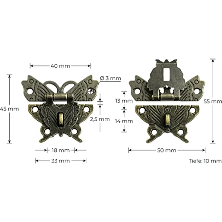 HMF Vintage Möbelbeschlag Schmetterling Verschluss mit Schlossöse, Hebelverschluss, 50 x 45 mm, Bronze – Bild 2