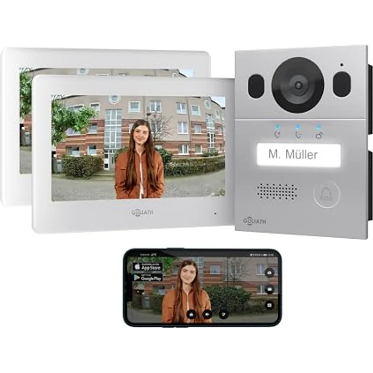 Goliath Intercom Goliath Basic Line 2-Draht Video-Türsprechanlage, FullHD, App-Anbindung, Weiß/Silber, mit 7 Zoll Touchscreen und Nachtsicht – Bild 1