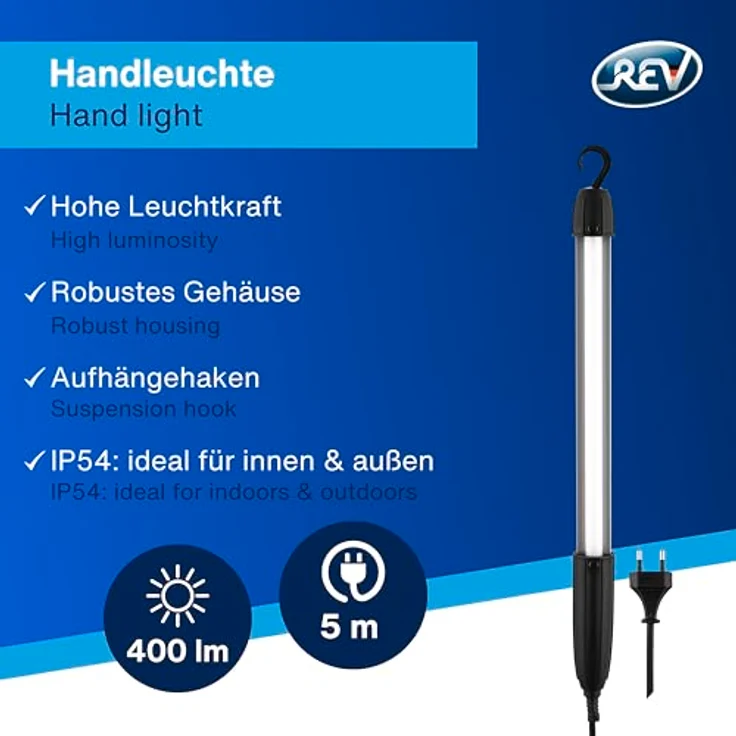 REV Handlampe - Werkstattlampe mit Aufhängehaken, 5m Kabel, 5W, 400lm, IP20, schwarz – Bild 2