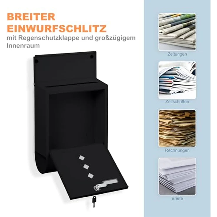 relaxdays Briefkasten mit Zeitungsfach, modernes Design aus pulverbeschichtetem Eisen, schwarz – Bild 6
