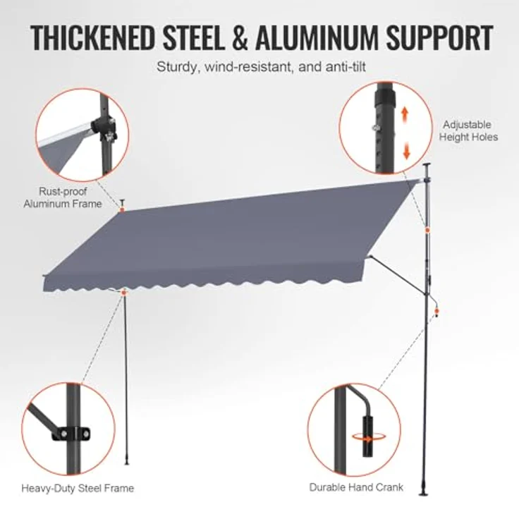 VEVOR Klemmmarkise 400 x 120 cm, Balkonmarkise mit Handkurbel und wasserdichter PU-Beschichtung, Grau – Bild 3