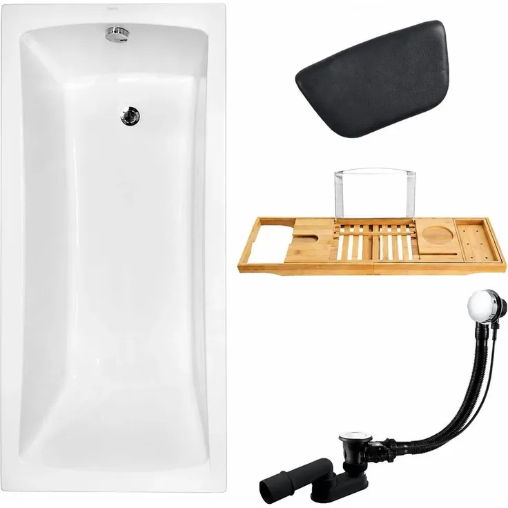 KOLMAN Badewanne OPTIMA, Rechteck 150 x 70 cm mit Bambus Ablage und Kopfstütze, schneeweiß, inkl. Ablauf und Füße