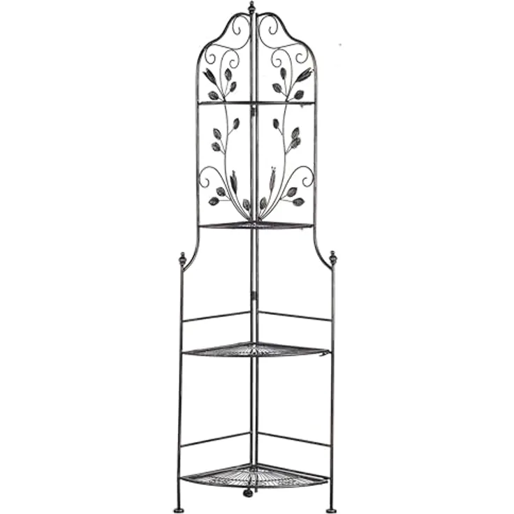 Gartenregal in Eckform aus Metall 4 Ablageflächen in Schwarz dekorative Verzierungen Gartenmöbel Gartenschrank Pflanzenregal Terrasse Balkon