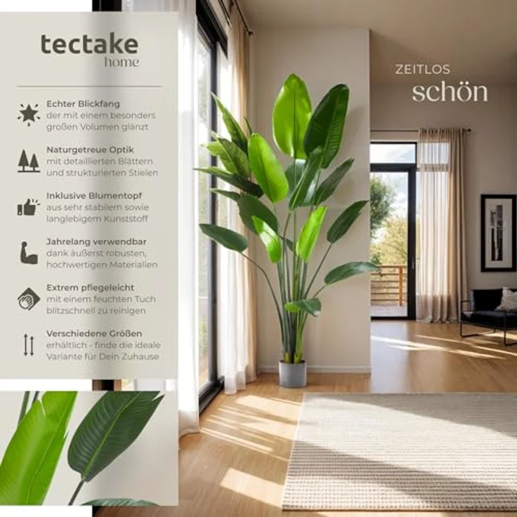 tectake Künstlicher Paradiesvogelbaum, 180 cm, Grün, Pflegeleicht, Naturgetreue Optik, Detaillierte Blätter aus PEVA-Kunststoff – Bild 2