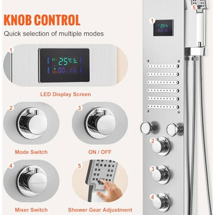 VEVOR Duschpaneelsystem 6-in-1, LED- und Bildschirm-Wasserkraft-Duschpaneel mit Regen- und Wasserfallmodus, 5 Massagedüsen, Handbrause, Edelstahl, wandmontiert – Bild 5