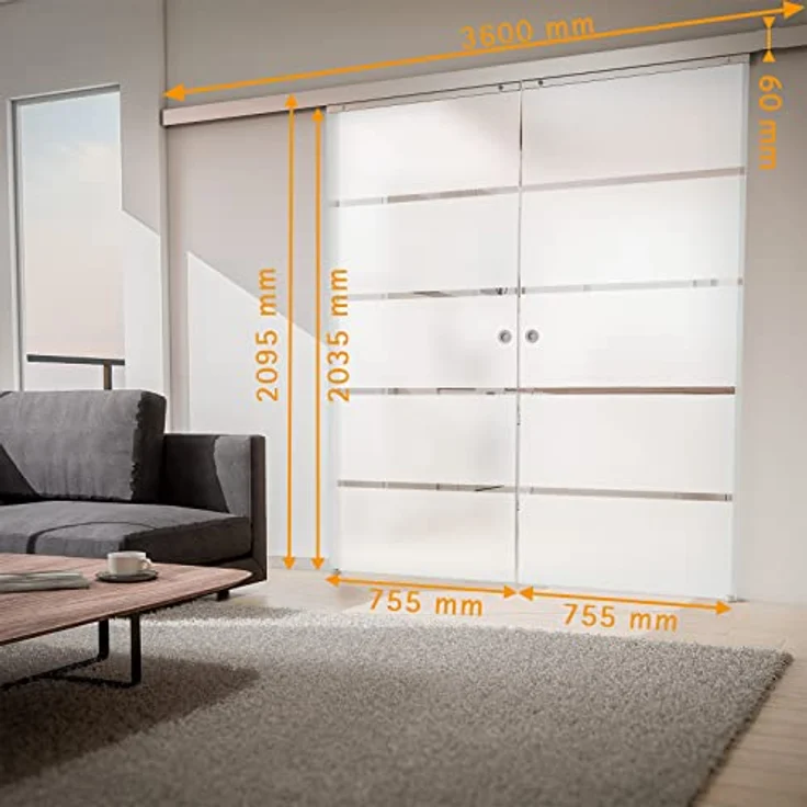 inova Doppeltür Glas-Schiebetür 2-Flügelig 1510 x 2035 mm Blockstreifen satiniert Alu Komplettset mit Lauf-Schiene und Griffmuschel beidseitige Einzugsdämpfung – Bild 2