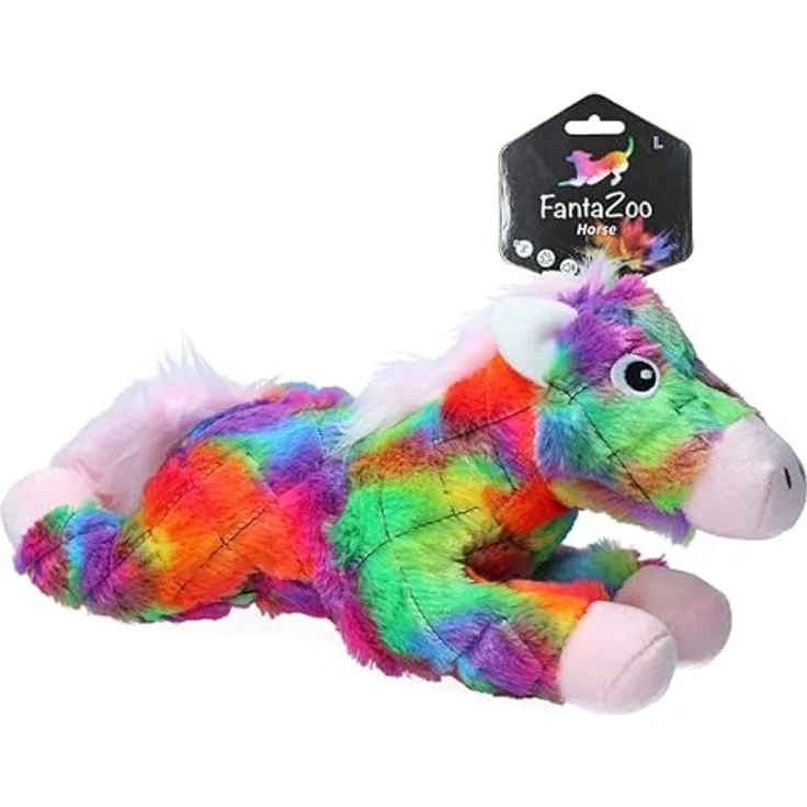 FantaZoo Pferd, Buntes und recyceltes Hundekuscheltier, L - 33 x 15 cm, Hundespielzeug mit Quietsche, für mittelgroße Hunde – Bild 1