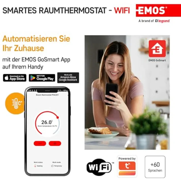 EMOS GoSmart P56211, Smart Home Raumthermostat mit App, WiFi, kompatibel mit Tuya, Google Assistant und Alexa, kabellos, weiß – Bild 4
