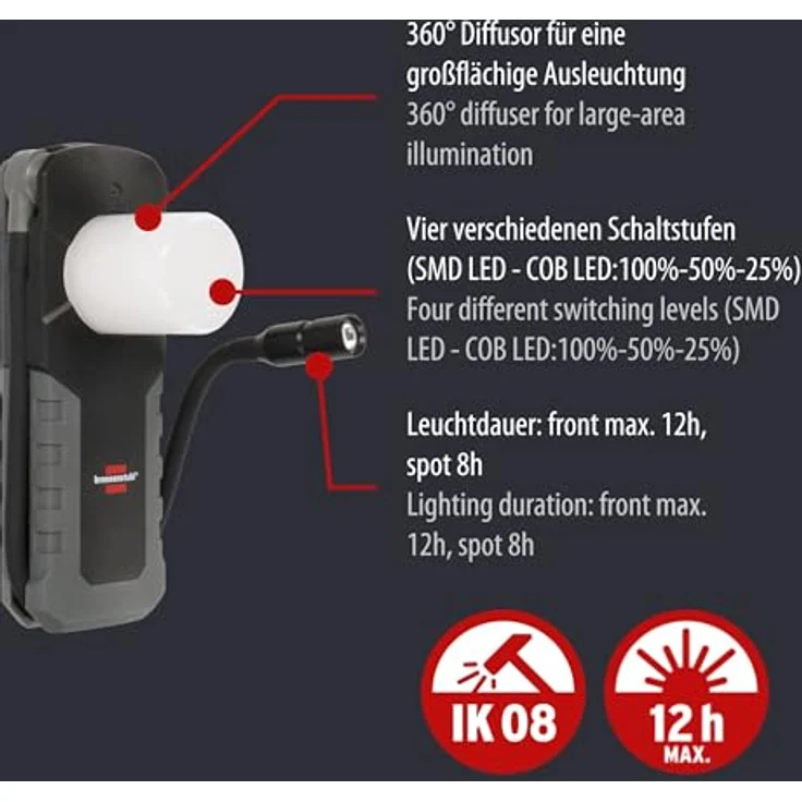 "Brennenstuhl Akku LED Handleuchte HL 1000 ACW 1000lm, 60 cm USB C/C Kabel, IP54, wiederaufladbar, gummierter Griff" – Bild 5