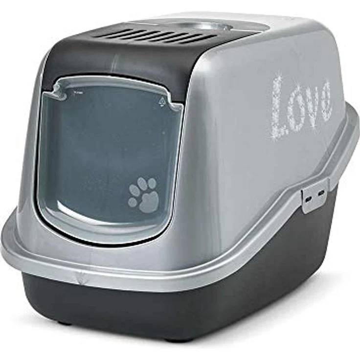 Nobby Katzentoilette "Nestor Impression Love", moderne Katzentoilette mit abgerundeten Ecken, schwarz-silber, aufklappbare Front, inkl. Aktivkohle-Filter – Bild 1