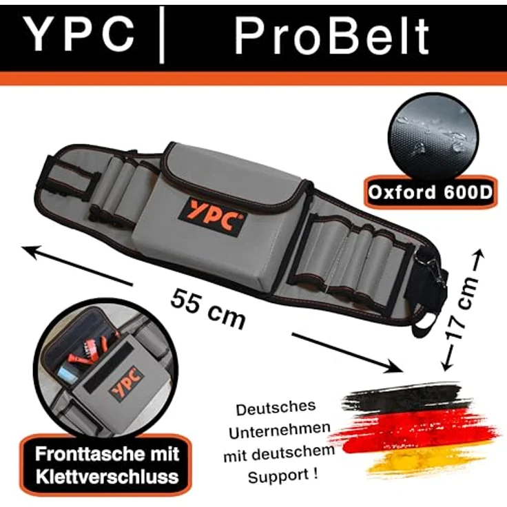 YPC ProBelt – Profi-Werkzeuggürtel mit 7 Steckfächern, großer Nageltasche (17x15x5 cm), Hammerschlaufe, verstellbar, in Khaki, Grau oder Blau – Bild 2