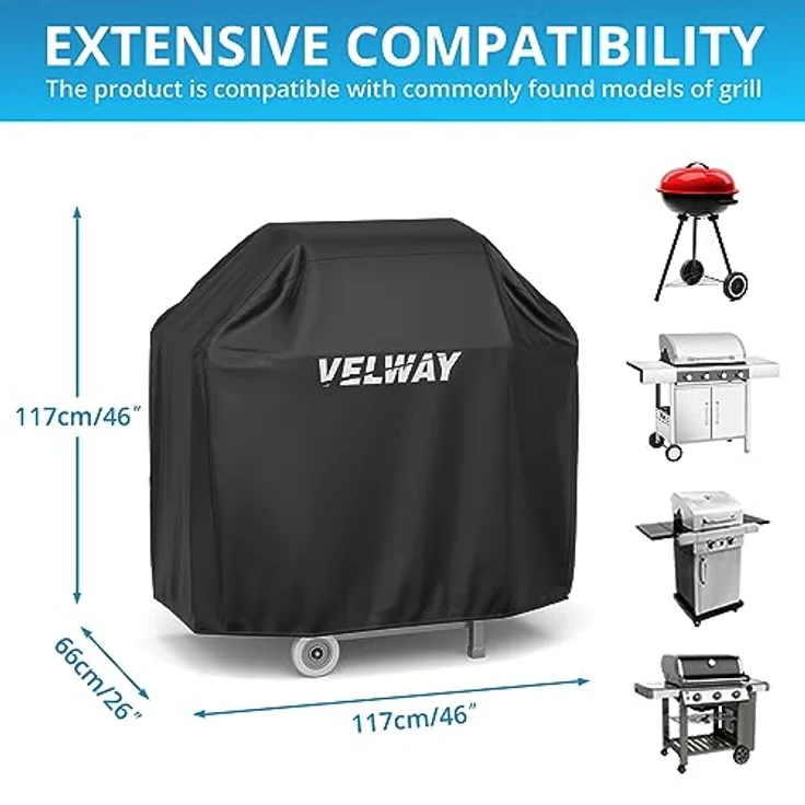 Velway Grill Abdeckhaube Gasgrill Grillabdeckung Regendicht BBQ Abdeckung Cover Schutzhülle Haube Staubdicht Grill Abdeckplane Grillschutz (117x66x117cm) —Schwarz – Bild 2