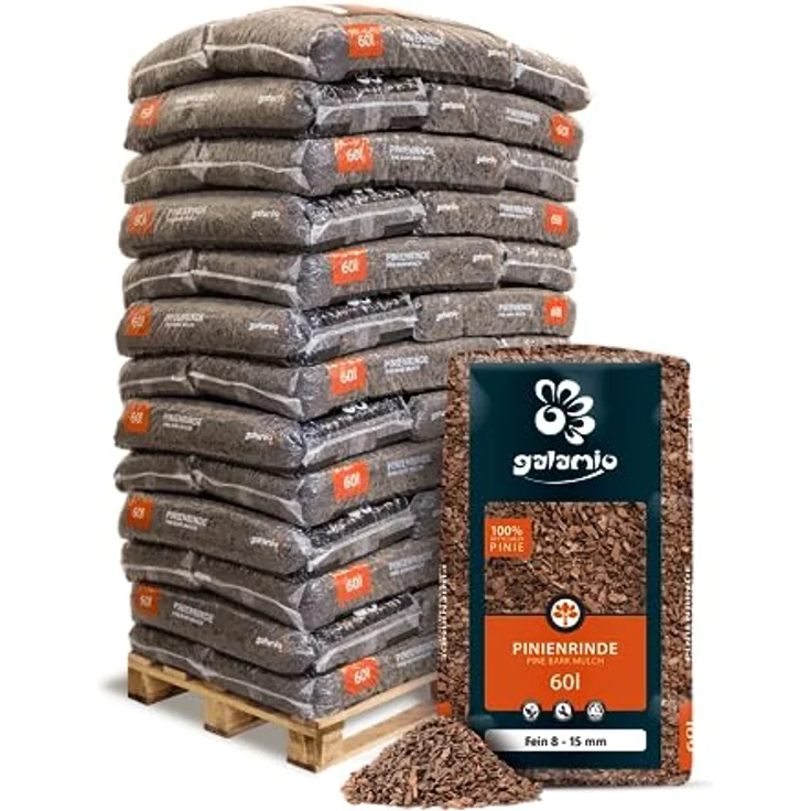 GALAMIO Pinienrinde Fein 8-15mm, Rindenmulch aus Mittelmeerkiefer, 60l Sack, 2.340l pro Palette, effektiver Unkrautschutz und dekorativer Bodenbelag für Garten und Terrarium – Bild 1