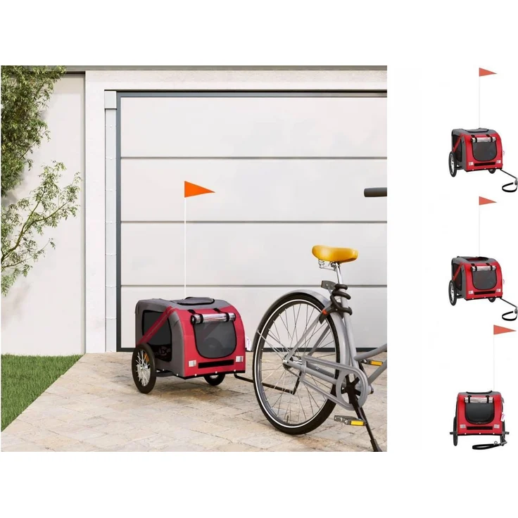 vidaXL Hunde-Transportbox Fahrradanhänger Hunde Rot und Grau Oxford-Gewebe und Eisen, 45 kg Tragfähigkeit, PVC-Dach und reflektierende Elemente – Bild 1