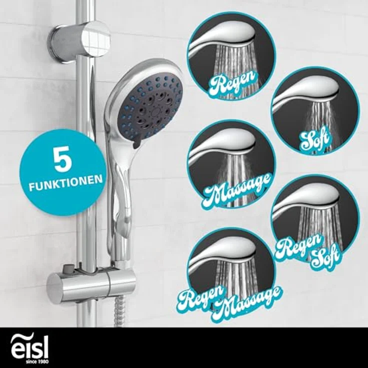 Eisl Handbrause Welly Chrom, Duscharmatur mit 5 Funktionen, ergonomischem Griff und Antikalk-Noppen, Ø 12 cm Duschkopf – Bild 2