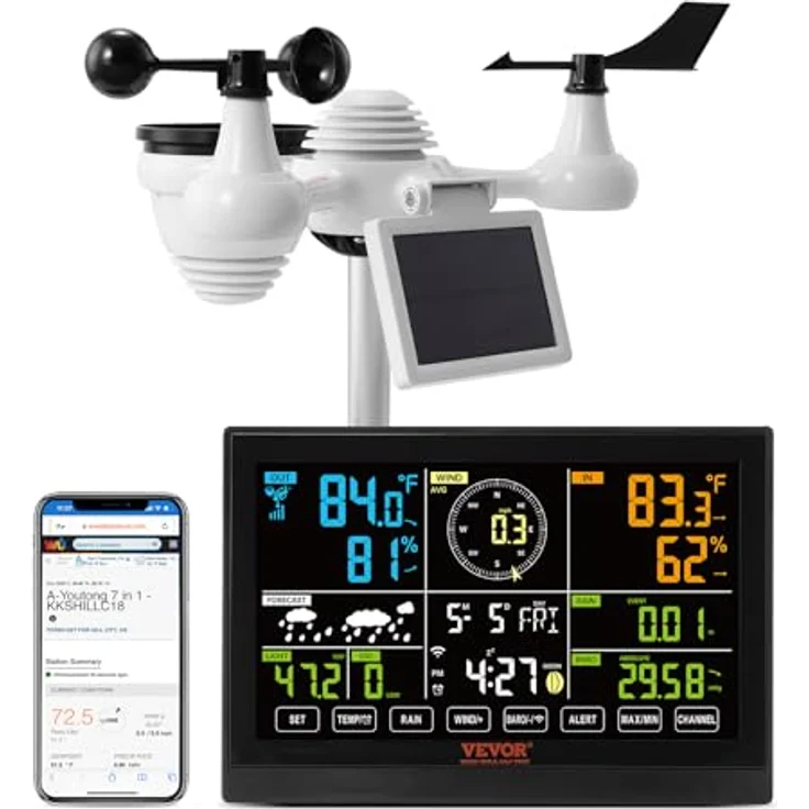 VEVOR WLAN-Wetterstation 7-in-1, solarbetrieben, 7,5 Zoll HD-Display, 150m Übertragungsreichweite, Außensensor für Windgeschwindigkeit, Temperatur, Luftfeuchtigkeit und Niederschlag – Bild 1