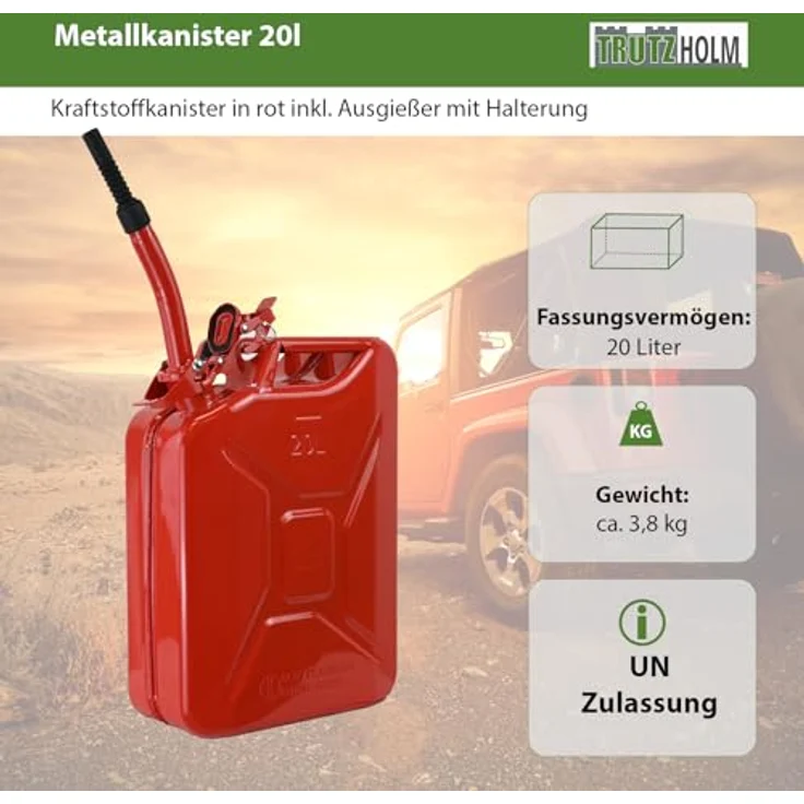 TRUTZHOLM Metallkanister 20l Benzinkanister rot, mit flexiblem Ausgießer und Halterung, korrosionsbeständig, UN-zugelassen – Bild 2