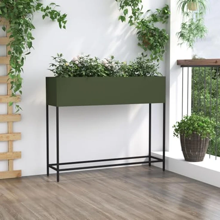 vidaXL Olivgrüner rechteckiger Pflanzkübel Stylischer Metall Pflanzenbehälter Für Innen und Außen 100 x 26 x 82 cm Modern Garten Deko Akzentständer Balkon – Bild 4