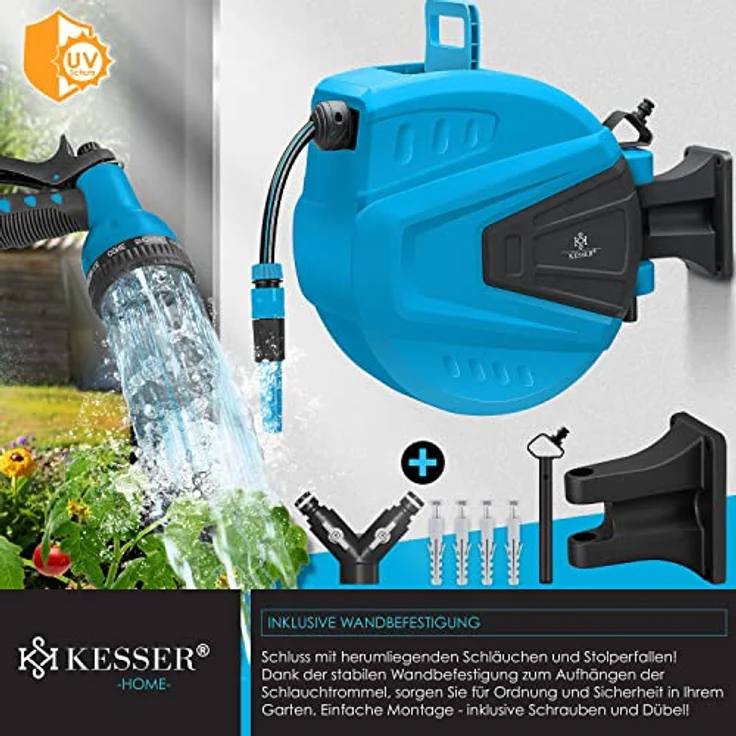 KESSER Schlauchtrommel Schlauchaufroller Wasser Multi-Handbrause 180° Schwenkbar Aufwickelstopper Wandhalterung Wand-Schlauchbox Wasserschlauchtrommel Gartenschlauch Blau, 30 Meter – Bild 3