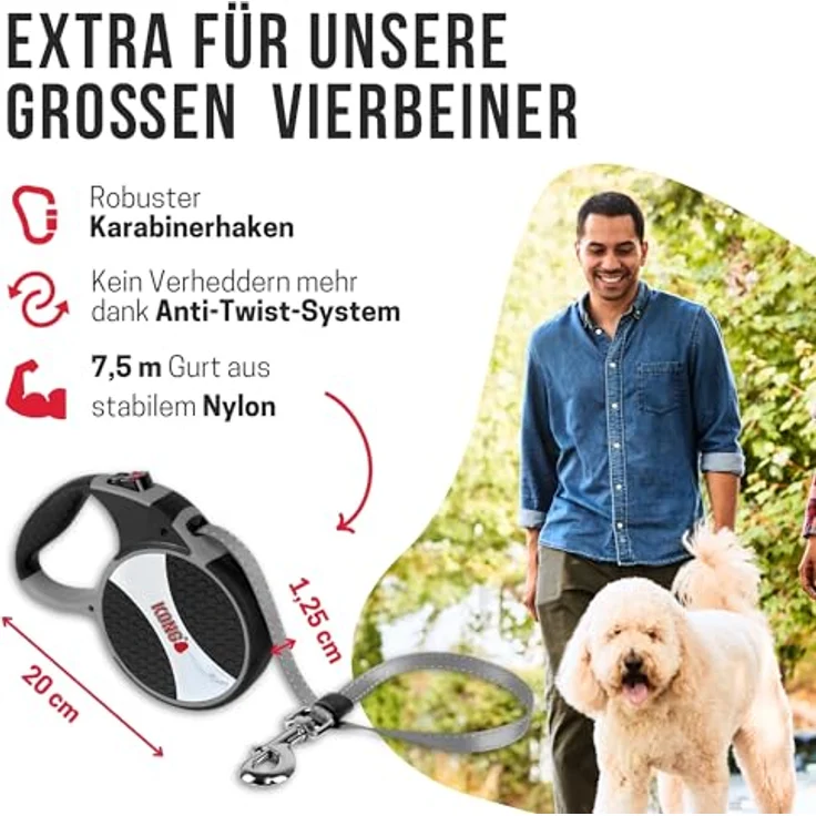 KONG Rollleine in 7,5m Länge für große Hunde bis 50kg, Größe L, Break & Lock System, grau – Bild 3