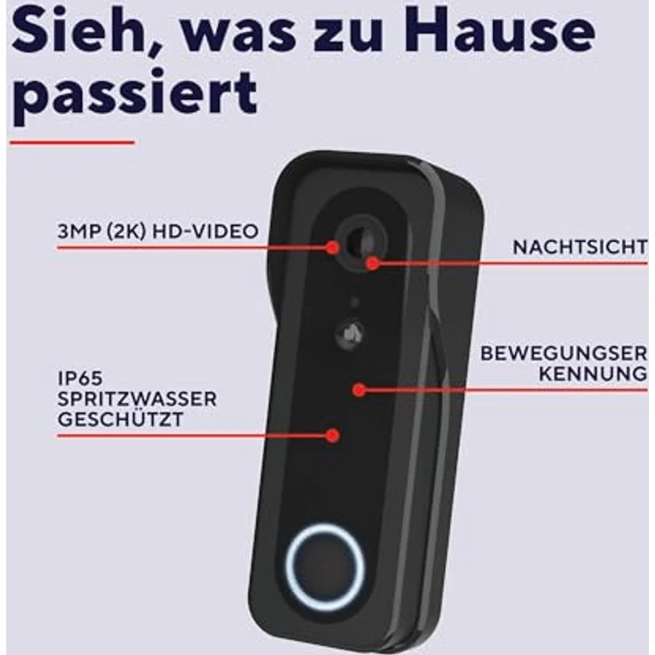 Trust Wi-Fi Video Türklingel mit Chime, 2K HD 3MP Weitwinkel, smarte kabellose Video Doorbell mit 30 Melodien, wiederaufladbar über USB-C, Nachtsicht, wasserdicht, schwarz – Bild 2