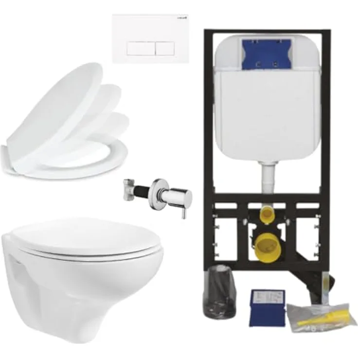 Creavit Tiefspül-WC CRV-TP320-0000-SET, Hänge Taharet WC Set Weiß, spülrandlos mit Bidet und Softclose Sitz
