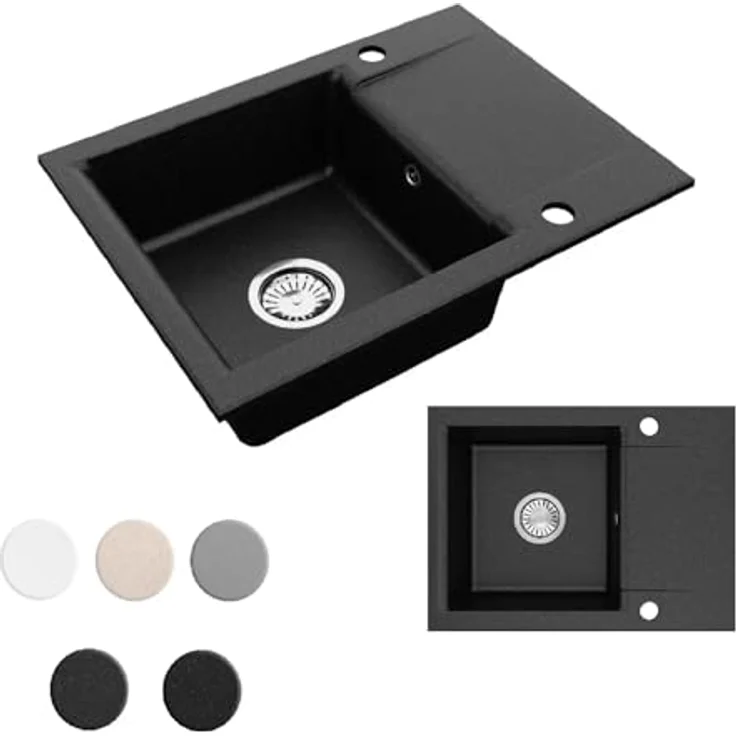 QLS Granit-Küchenspüle LUNA 59x44 cm, 1-Becken mit Abtropffläche, reversibel, automatischer Siphon, für 40 cm Unterschrank, schwarz, matt – Bild 4