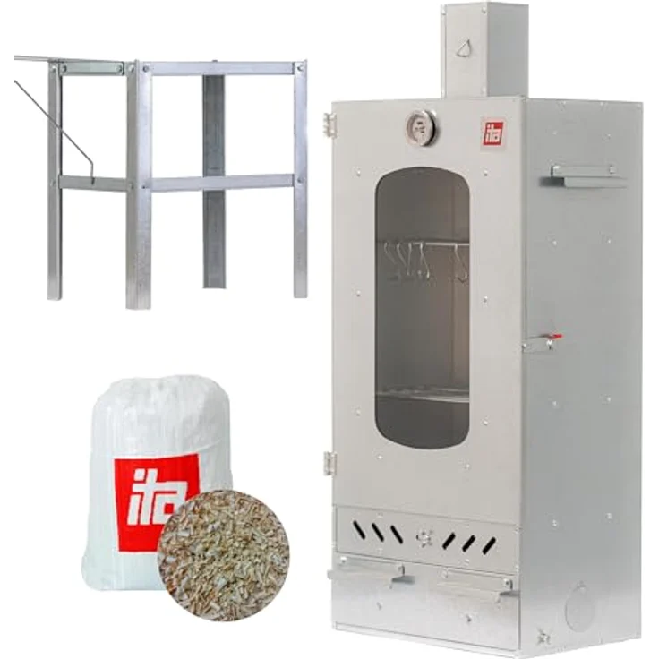 ITA Räucherofen 7012, Smoker Set mit Tisch, 3 Etagen, Sichtfenster und Kaminabzug, legierter Stahl, Made in EU – Bild 1