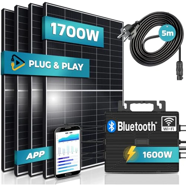SUNNIVA® Balkonkraftwerk 1700/1600W Solaranlage mit 1600W Astro Energy Wechselrichter, WIFI Bluetooth, upgradebar drosselbar, 4 x 425W Solarmodule, 5m Anschlusskabel, Photovoltaikanlage, PV – Bild 1