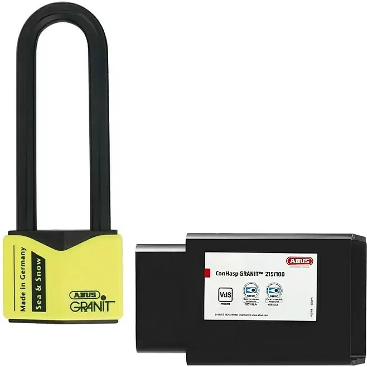 Abus ConHasp Granit 215/100 + Granit 37/55 HB100, Sicherheitsüberfalle mit Hochsicherheitsschloss für Container, korrosionsgeschützt