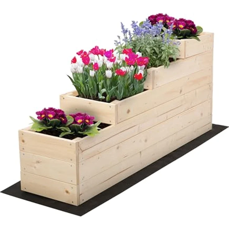 MODO24 Hochbeet Holz, 4-stufiger Pflanzkasten mit Gartenvlies, 54x30x120 cm, Farbe: Natur – Bild 1