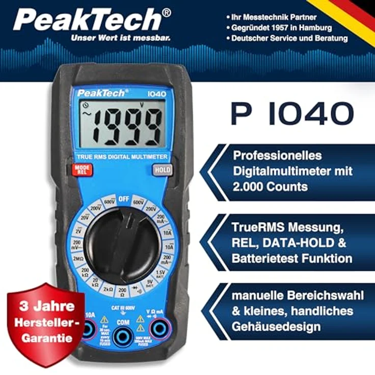 PeakTech 1040 True RMS Digital Multimeter, Manuell-Range, 2.000 Counts, Durchgangsprüfer, Voltmeter; 10A AC/DC - CAT III 600V, Blau – Bild 2