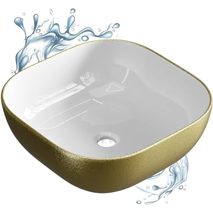 Planetmöbel Aufsatzwaschbecken Aquil, Keramik Waschbecken 42 cm quadratisch, glänzend in Gold, ohne Hahnloch und Überlauf, für Waschtische und Waschplätze – Bild 6