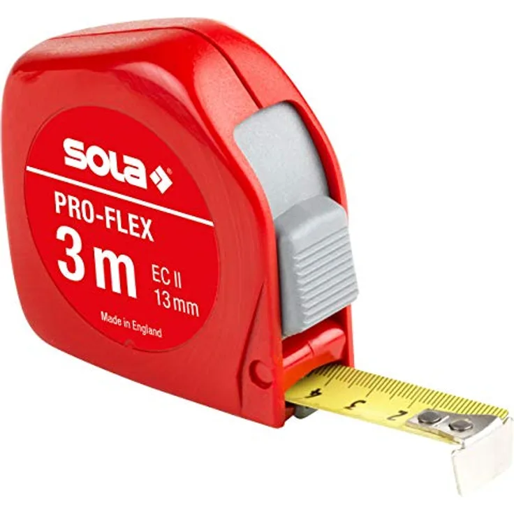 SOLA PRO-FLEX Bandmaß 3m/13mm, gelb lackiert mit Gürtelclip, Stahlband, Genauigkeitsklasse II, beweglicher Endhaken