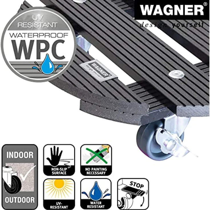 WAGNER Pflanzenroller WPC Ø 29 x 7 cm I Pflanzenroller & Blumenroller für Außenbereich + Innenbereich, anthrazit I Kübelroller Wood Plastic Composite mit 2 Feststellern I Tragkraft 100 kg - 20052501 – Bild 4