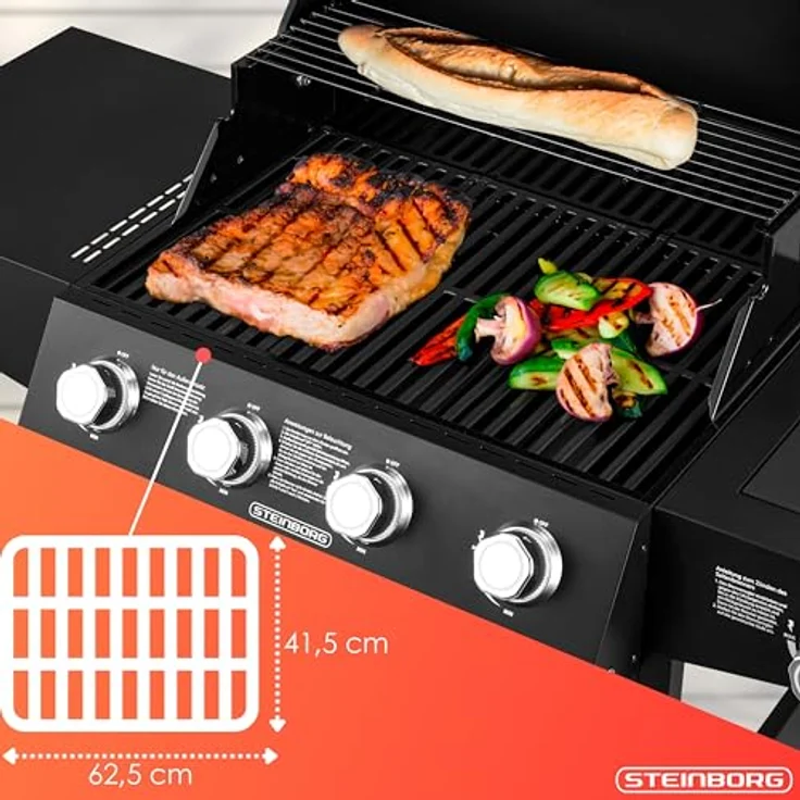 Steinborg Gasgrill "Chef de Cuisine" 4 Brenner mit Seitenbrenner, beleuchtete Drehknöpfe, emailliertes Grillrost, Gasbetrieb, Propangasgrill – Bild 5