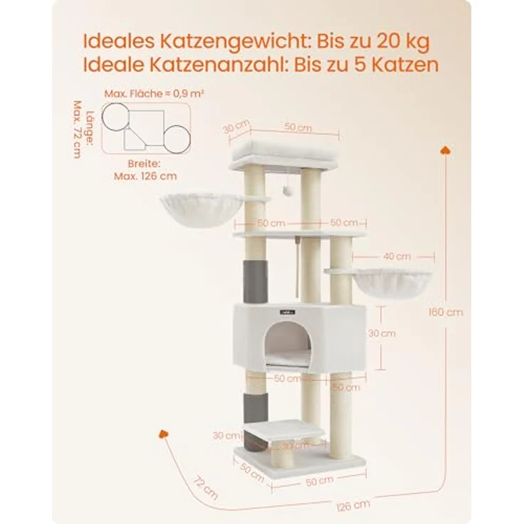 Feandrea Kratzbaum mit selbstwärmenden Decken, für große Katze, 2 Katzenbürsten, 11,1 cm dicke Stämme, große Plattformen, Höhle, 50 x 50 x 160 cm, cremeweiß-beige – Bild 5