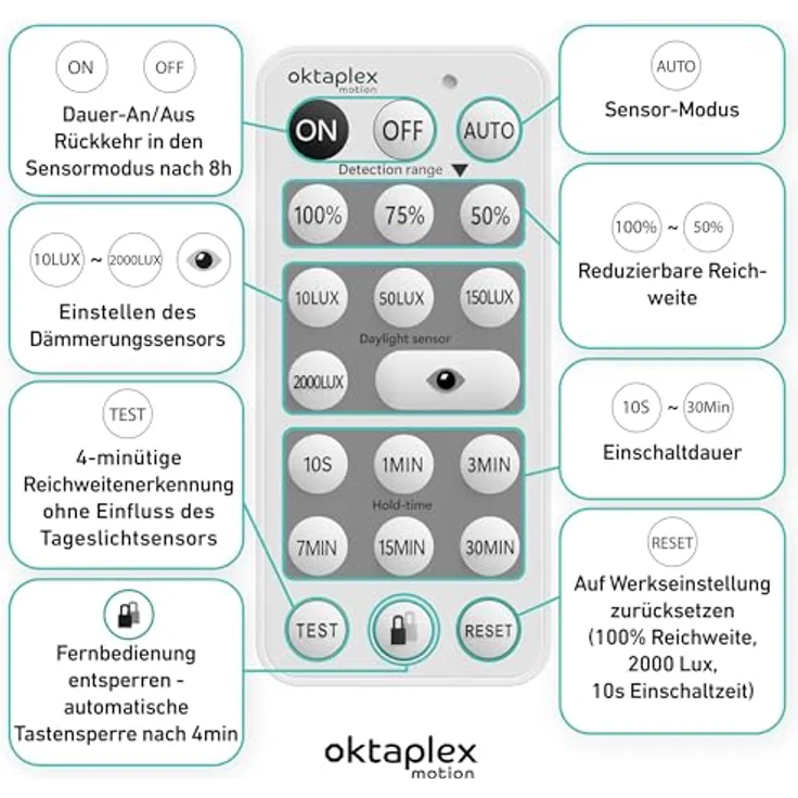 Oktaplex motion Bewegungsmelder Tim, 360 Grad PIR Sensor für außen mit IP65, inkl. Fernbedienung, Reichweite bis 9m, weiß (2-St) – Bild 4