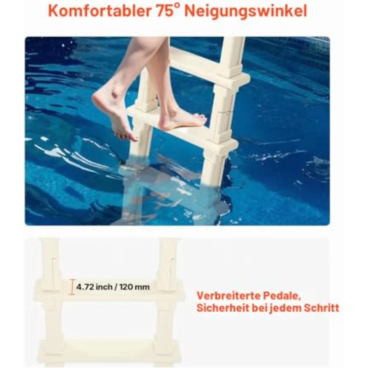 VEVOR Poolleiter U10, 5 Stufen, 75° Neigung, 136 kg Tragkraft, Milchweiß, für 122-137 cm große Einbau- und Aufstellbecken – Bild 4