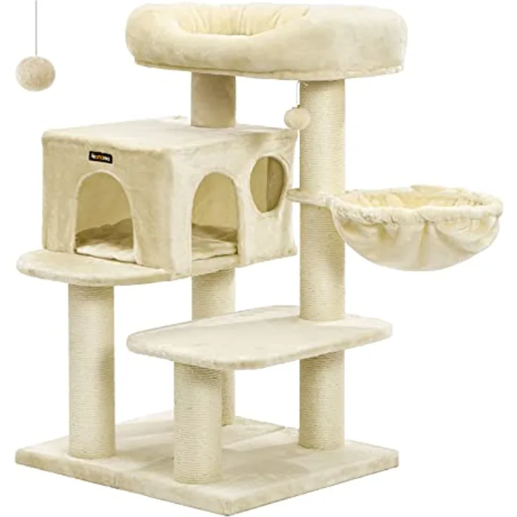 Feandrea Kratzbaum mit XXL Aussichtsplattform, Liegemulde, große Kuschelhöhle, verstellbare Elemente, extra Dicke Stämme komplett mit Sisal umwickelt, Katzenbaum, stabil, beige PCT01M